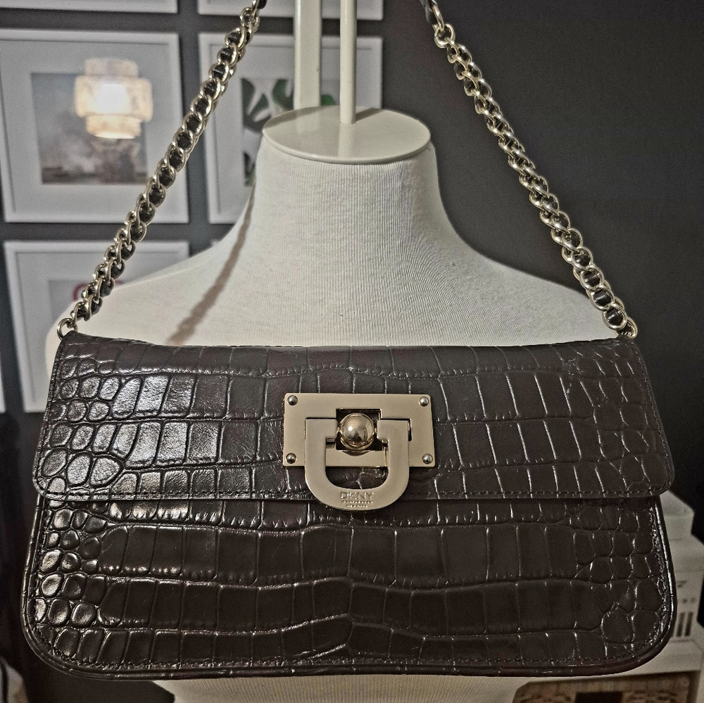 DKNY clutch/shoulderbag in dark brown crocodile-embossed leather